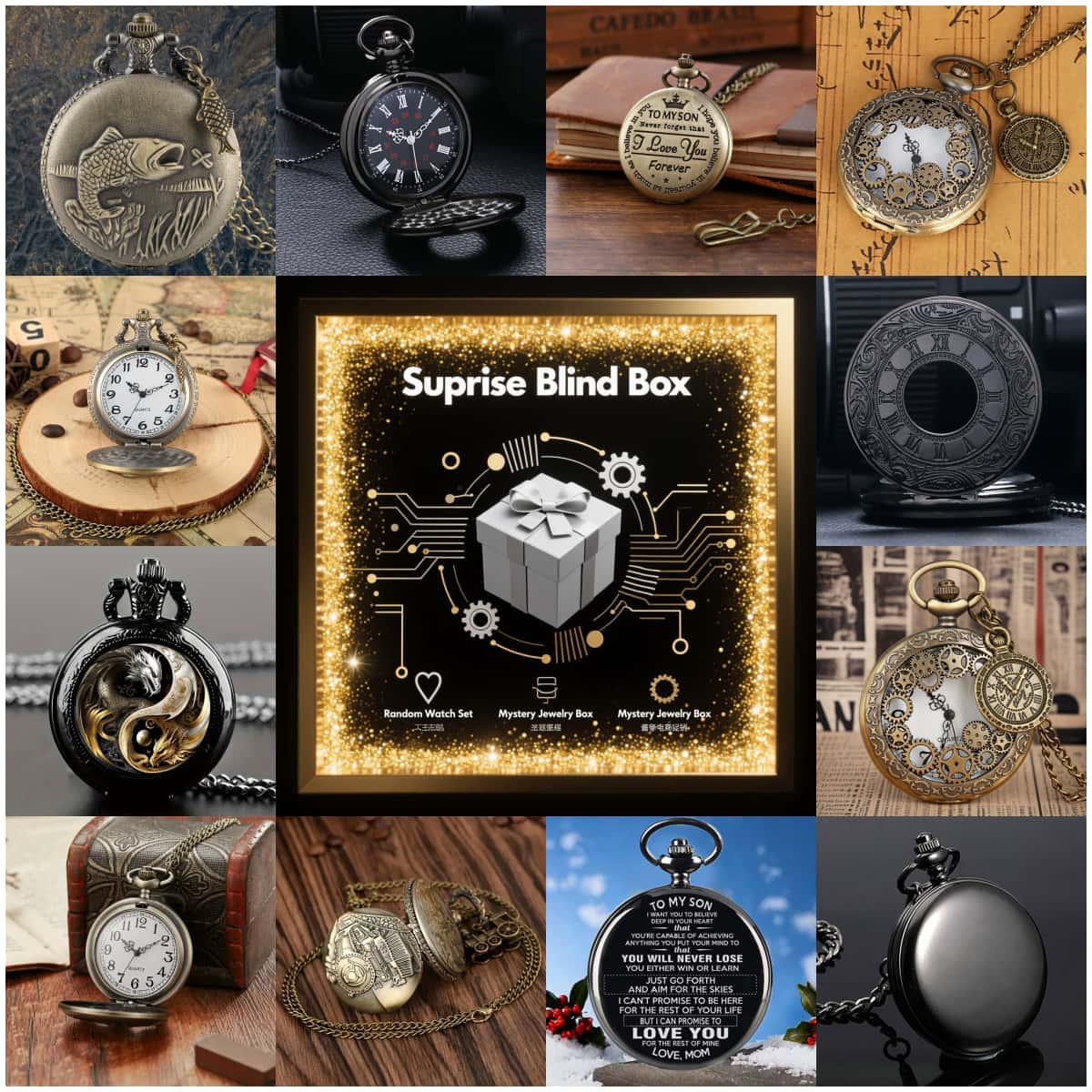 Vintage Fashion For Men - นาฬิกาพกควอตซ์วินเทจสุ่มแบบ 1 ชิ้น กล่องของขวัญเซอร์ไพรส์ลึกลับ สำหรับผู้ชายและผู้หญิง