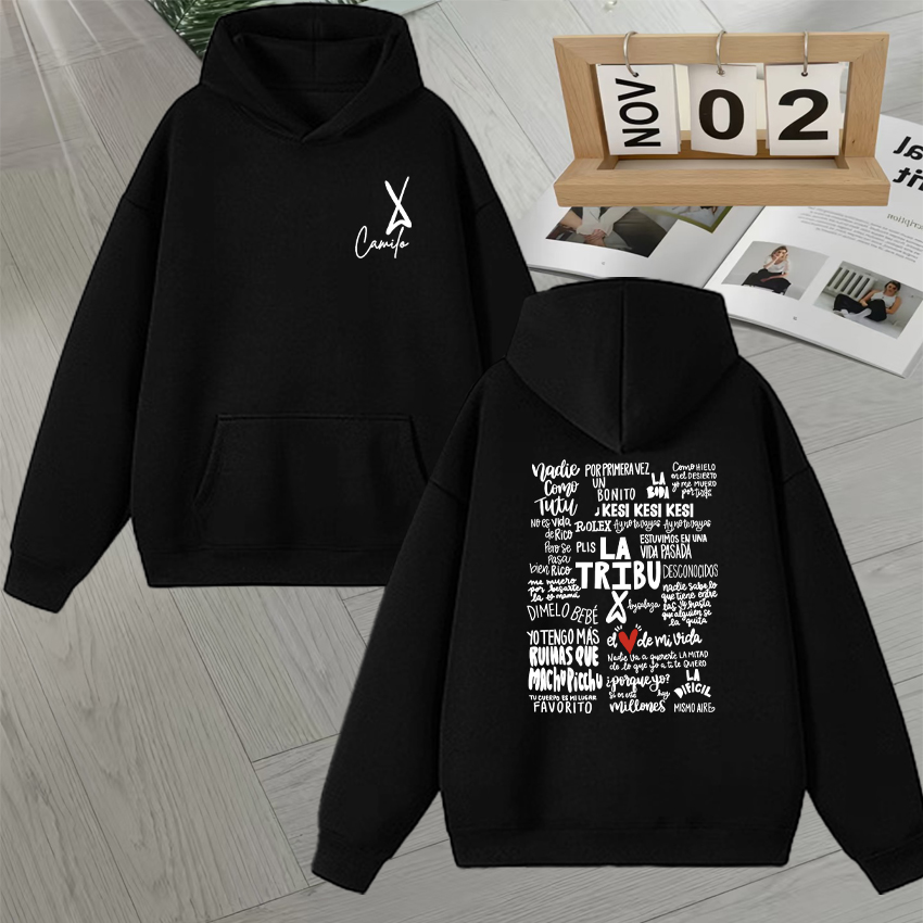 Vintage Fashion La - เสื้อฮู้ดพิมพ์ลายอัลบั้มของนักร้องคามิโล ลา ทริบู แฟชั่นวินเทจสไตล์โกธิคสำหรับผู้ชายและผู้หญิง เสื้อแขนยาวผ้าฟลีซแบบยูนิเซ็กซ์