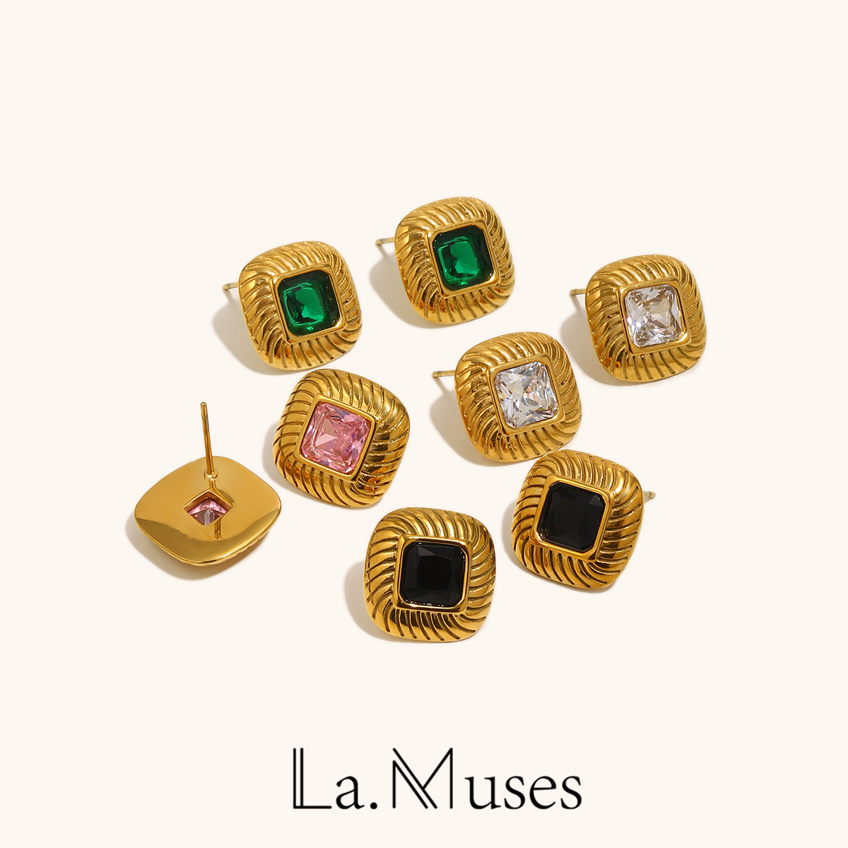 Vintage Fashion La - ลา Muses คลาสสิกวินเทจสแควร์เพทายสี่ด้านเครื่องประดับสแตนเลสสุดหรูของผู้หญิงเครื่องประดับผู้หญิง