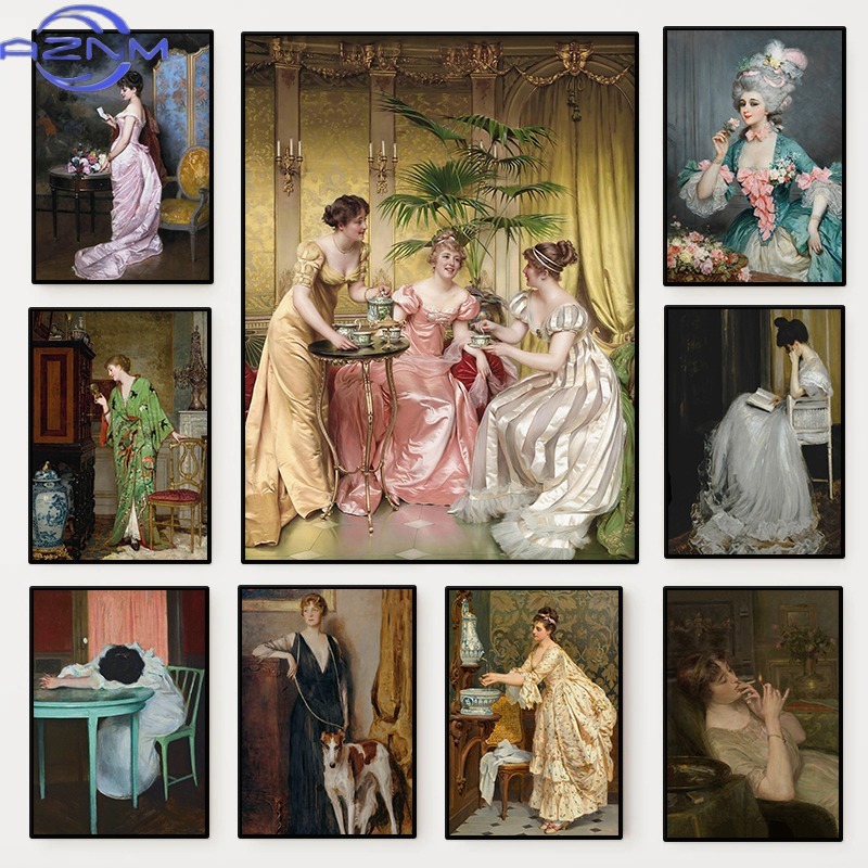 Vintage Fashion Wall Art - โปสเตอร์ภาพเหมือนผู้หญิงยุคเรอเนซองส์ ภาพวาดบนผ้าใบสไตล์วิคตอเรียน ภาพศิลปะติดผนังสำหรับตกแต่งบ้าน ห้องนั่งเล่น