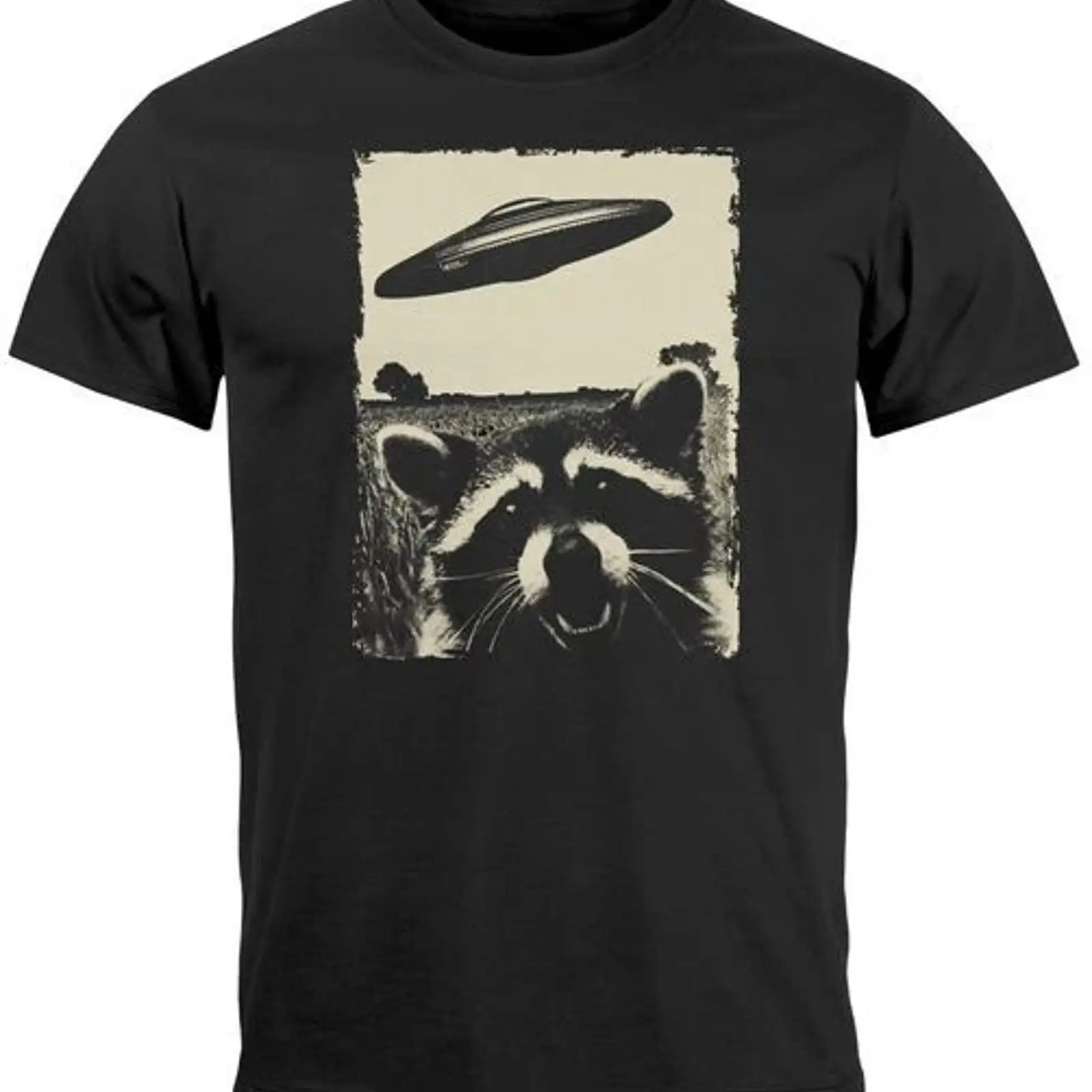 Vintage Fashion Herren - เสื้อยืดผู้ชายลายพิมพ์ UFO หมีวอชแบร์ มนุษย์ต่างดาว พิมพ์ลายด้านหน้า แฟชั่นวินเทจ
