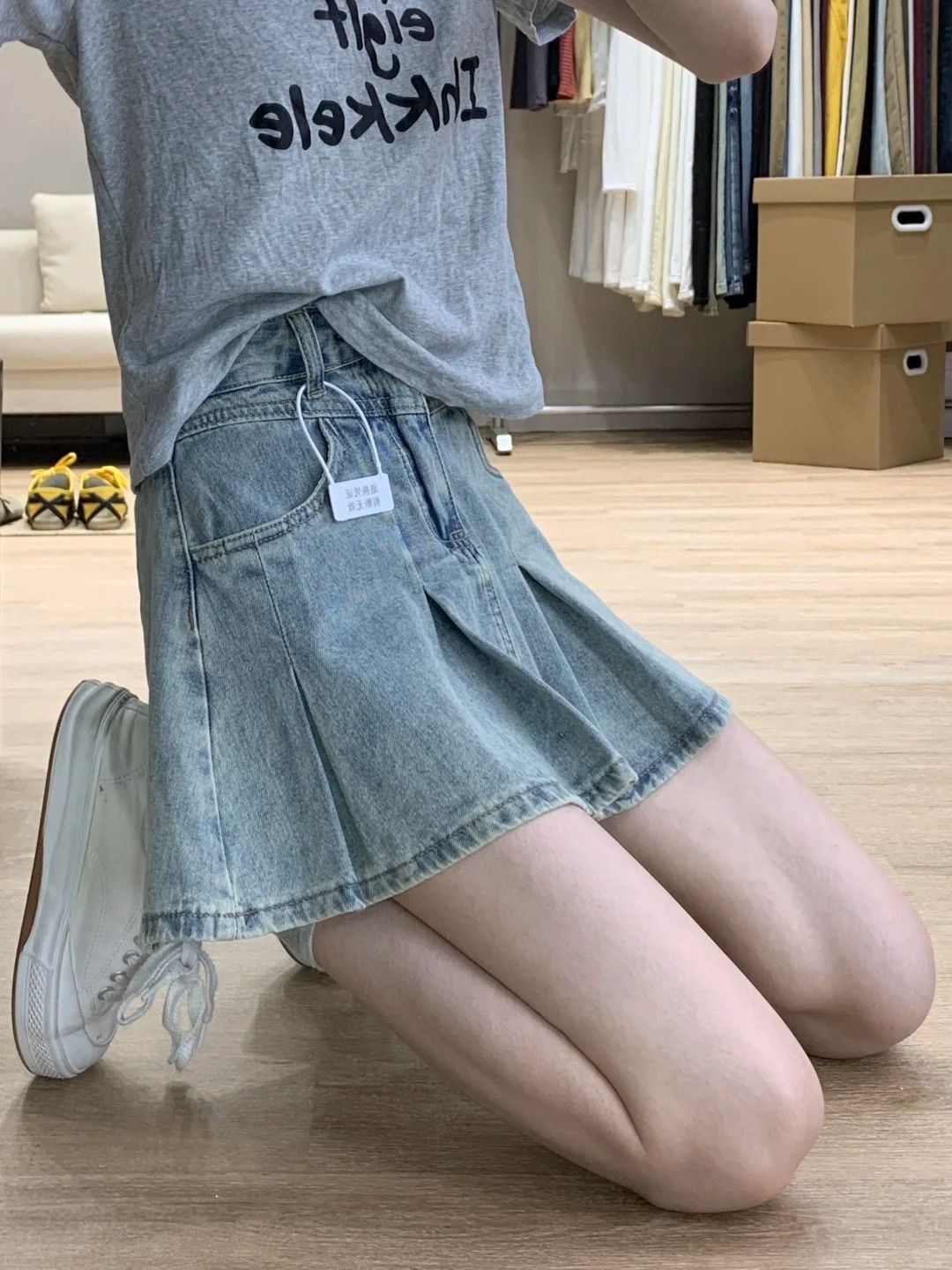 Vintage Fashion Jeans - กระโปรงยีนส์เอวสูงทรงเอพลีทสไตล์วินเทจ กระโปรงมินิสั้นลำลองแฟชั่น