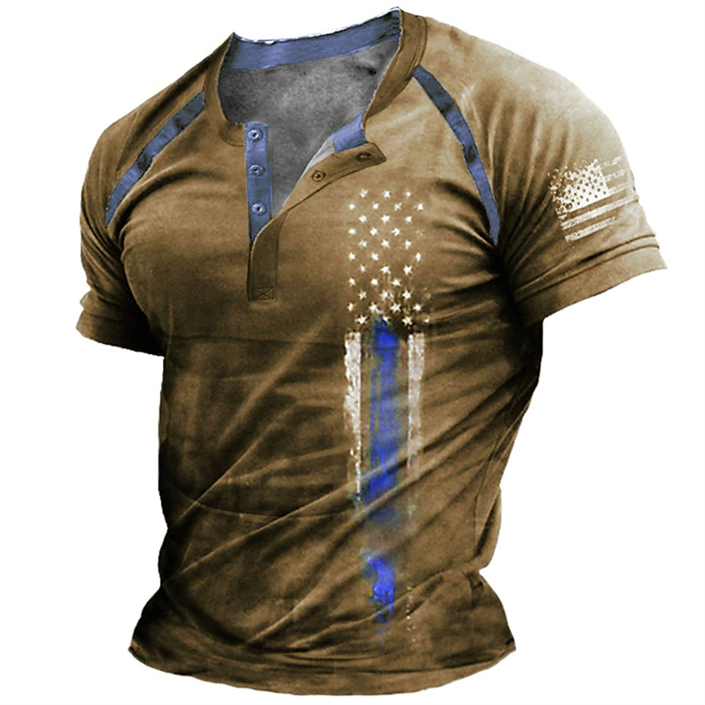 Vintage Fashion For Men - เสื้อเชิ้ตเฮนรี่พิมพ์ลายธงชาติอเมริกัน 3 มิติ สไตล์ตลกๆ สำหรับผู้ชาย แฟชั่นคอเฮนรี่