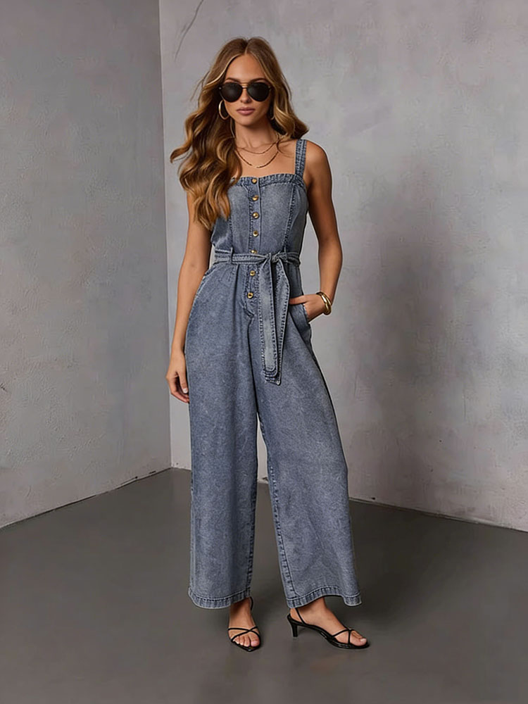Vintage Fashion Jeans - จั๊มสูทเดนิมวินเทจสำหรับผู้หญิง ฤดูร้อน 2026 ใหม่ สไตล์ลำลอง แต่งเชือกผูก
