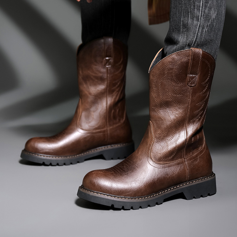 Vintage Fashion For Men - รองเท้าบูทคาวบอยผู้ชายแฟชั่น รองเท้าบูทอัศวินปักลายวินเทจ รองเท้าบูทหิมะผู้ชายสำหรับฤดูหนาว รองเท้าบูทมอเตอร์ไซค์ รองเท้าผู้ชาย รองเท้าผู้หญิง