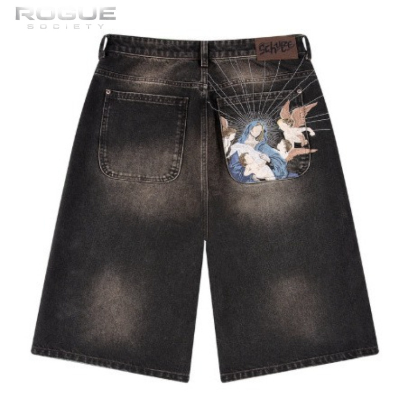 Vintage Fashion Jeans - กางเกงยีนส์ฮาราจูกุสุดหรูสำหรับฤดูร้อน สไตล์อเมริกันวินเทจ Y2K ลายกราฟิก กางเกงขาสั้นเบอร์มิวดาสำหรับผู้ชาย มีกระเป๋า
