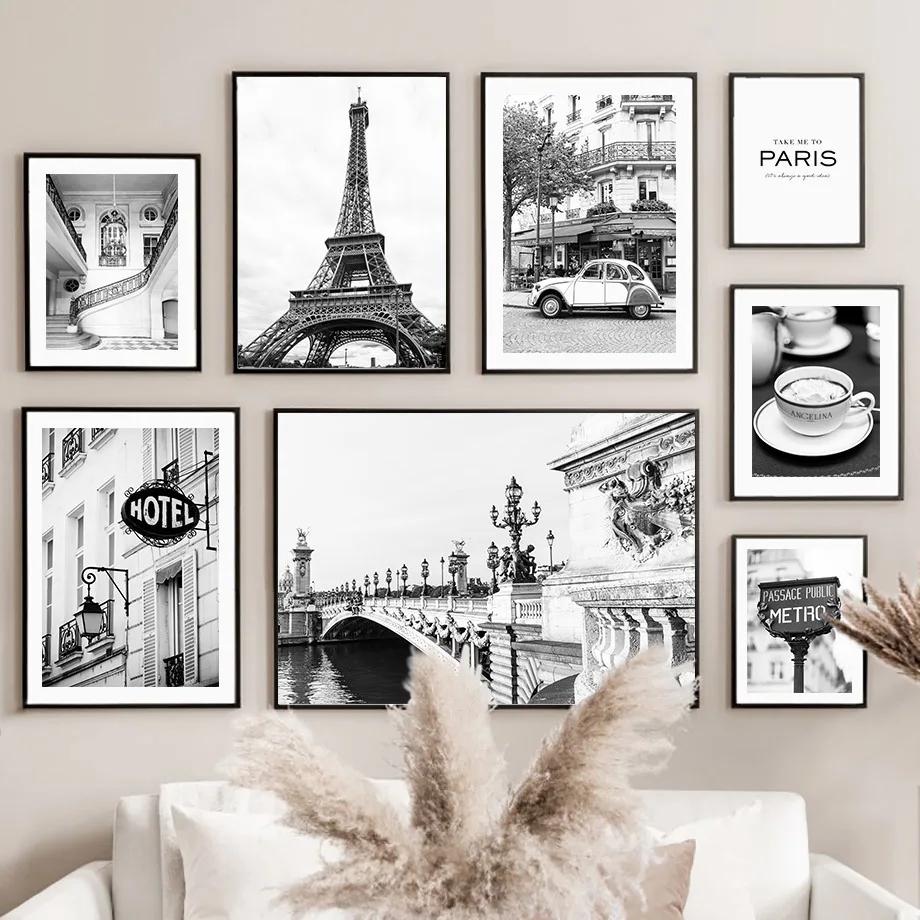Vintage Fashion Wall Art - ภาพพิมพ์บนผ้าใบติดผนัง ลายขาวดำ ปารีส ผ้าขนหนู ร้านกาแฟ รถยนต์วินเทจ
