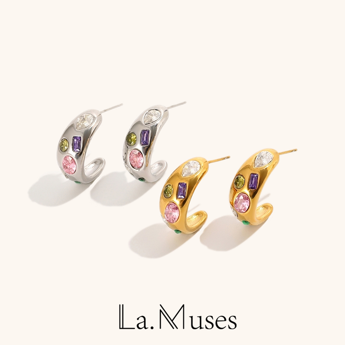 Vintage Fashion La - ก. Muses เรขาคณิตสีเพทายดวงจันทร์รูปสแตนเลสผู้หญิงต่างหูแฟชั่นสร้างสรรค์เครื่องประดับกันน้ําของขวัญ
