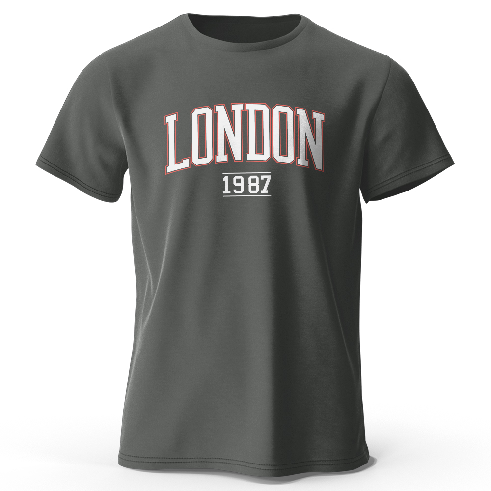Vintage Fashion London - เสื้อยืดวินเทจลายลอนดอนปี 1987 สำหรับผู้ชาย ผ้าฝ้าย 100% เสื้อยืดพิมพ์ลายสำหรับผู้ชาย
