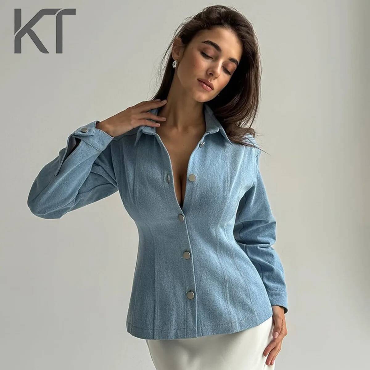 Vintage Fashion For Women - เสื้อเชิ้ตเดนิมทรงเข้ารูป KT Vintage สำหรับผู้หญิง แขนยาว ติดกระดุม