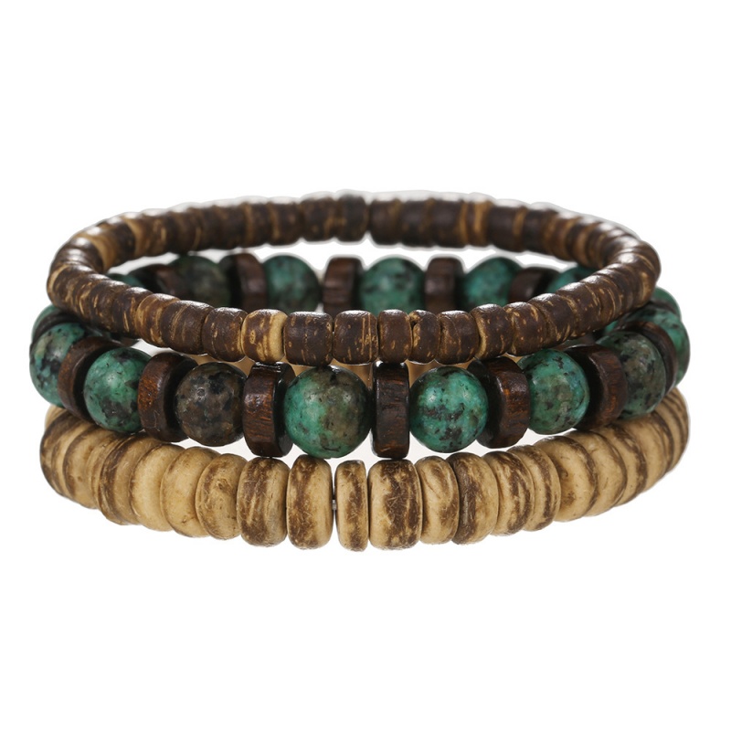 Vintage Fashion Meaning - 3 ชิ้น Multi - Layered สร้อยข้อมือลูกปัดไม้ชุด