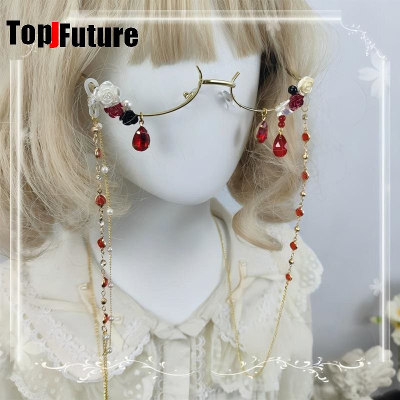 Vintage Fashion Glasses - แว่นตาครึ่งกรอบลายดอกไม้สไตล์ฮาราจูกุ โลลิต้า สำหรับผู้หญิง ทำมือ ดีไซน์สวยงาม พร้อมจี้ห้อยรูปหยดน้ำ