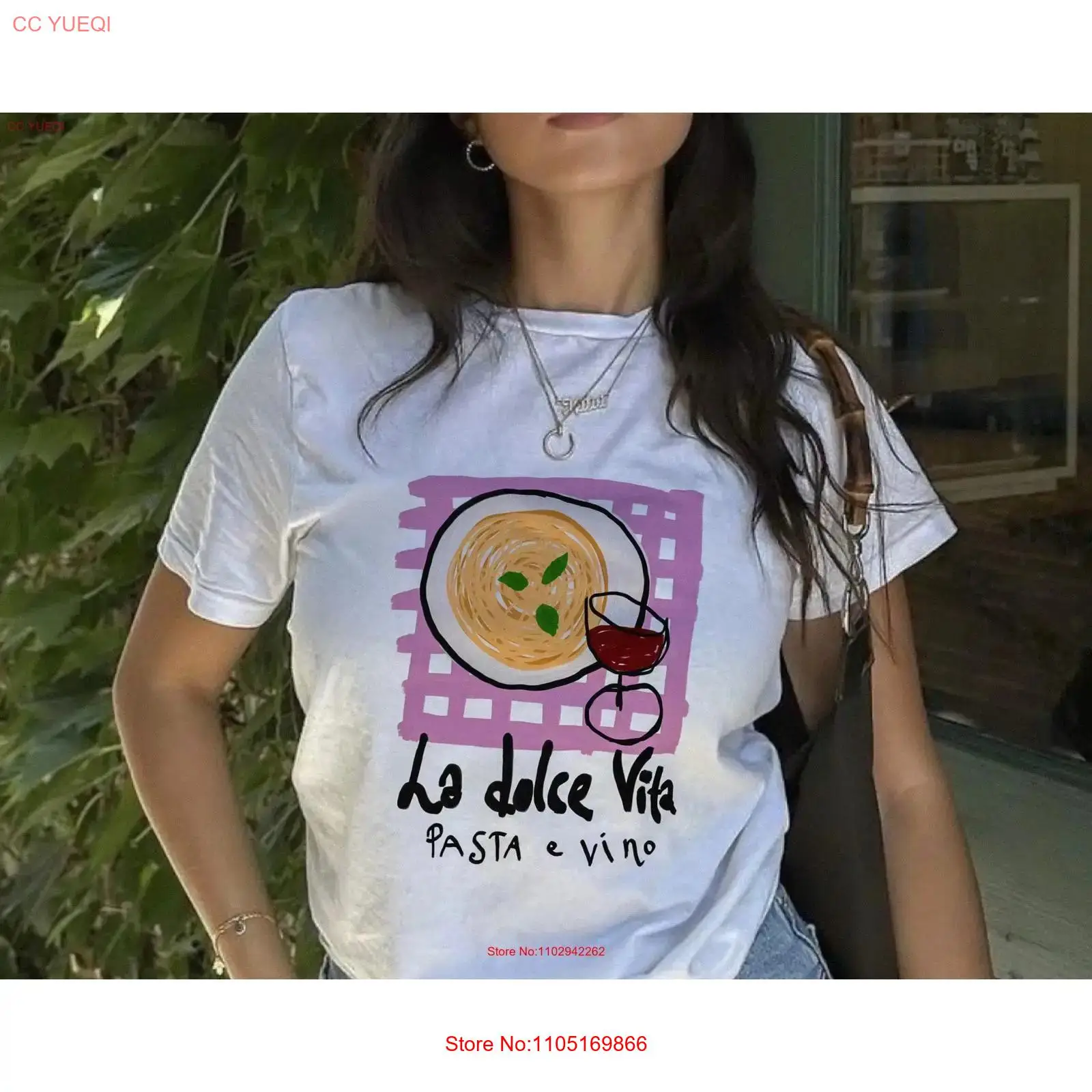 Vintage Fashion La - เสื้อยืดลายกราฟิก La Dolce Vita Pasta สไตล์วินเทจ