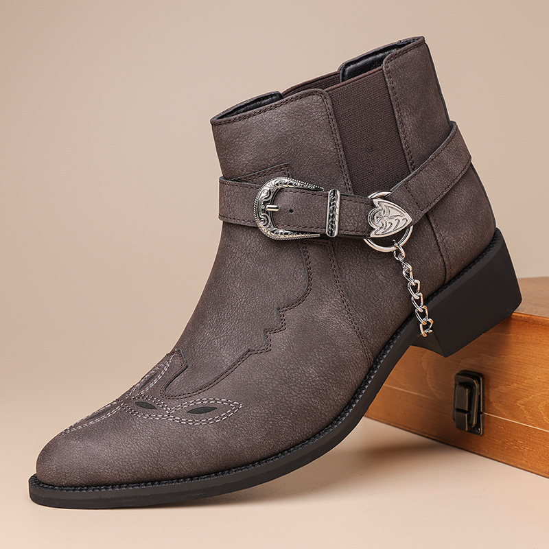 Vintage Fashion For Men - รองเท้าบูทคาวบอยวินเทจสำหรับผู้ชาย แบรนด์ใหม่สไตล์เรโทร หนังแท้ หุ้มข้อสูง พร้อมสายรัดโซ่และหัวเข็มขัด สไตล์พังก์