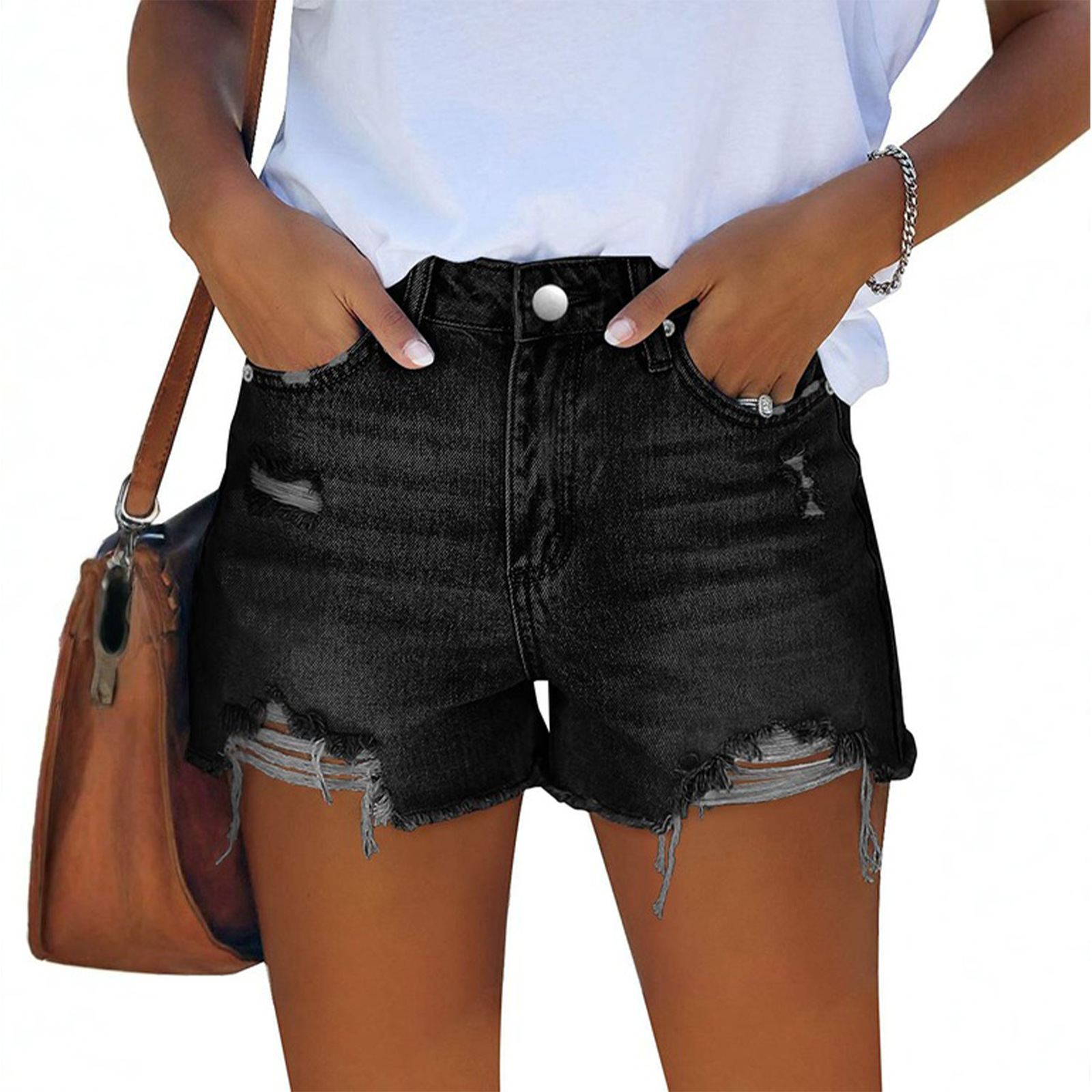 Vintage Fashion Jeans - กางเกงยีนส์ขาสั้นสไตล์วินเทจอเมริกันสำหรับผู้หญิง แต่งดีเทลขาดๆ แบบเรียบง่าย สีน้ำเงินฟอก ทรงเข้ารูป แฟชั่นทันสมัย