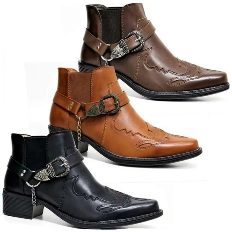 Vintage Fashion For Men - รองเท้าบูทคาวบอยวินเทจหนังแท้ทรงสูงประดับโซ่และหัวเข็มขัดสไตล์พังก์สำหรับผู้ชาย แฟชั่นปี 2026 รองเท้าบูทข้อเท้าทรงแหลมสำหรับนักขี่มอเตอร์ไซค์