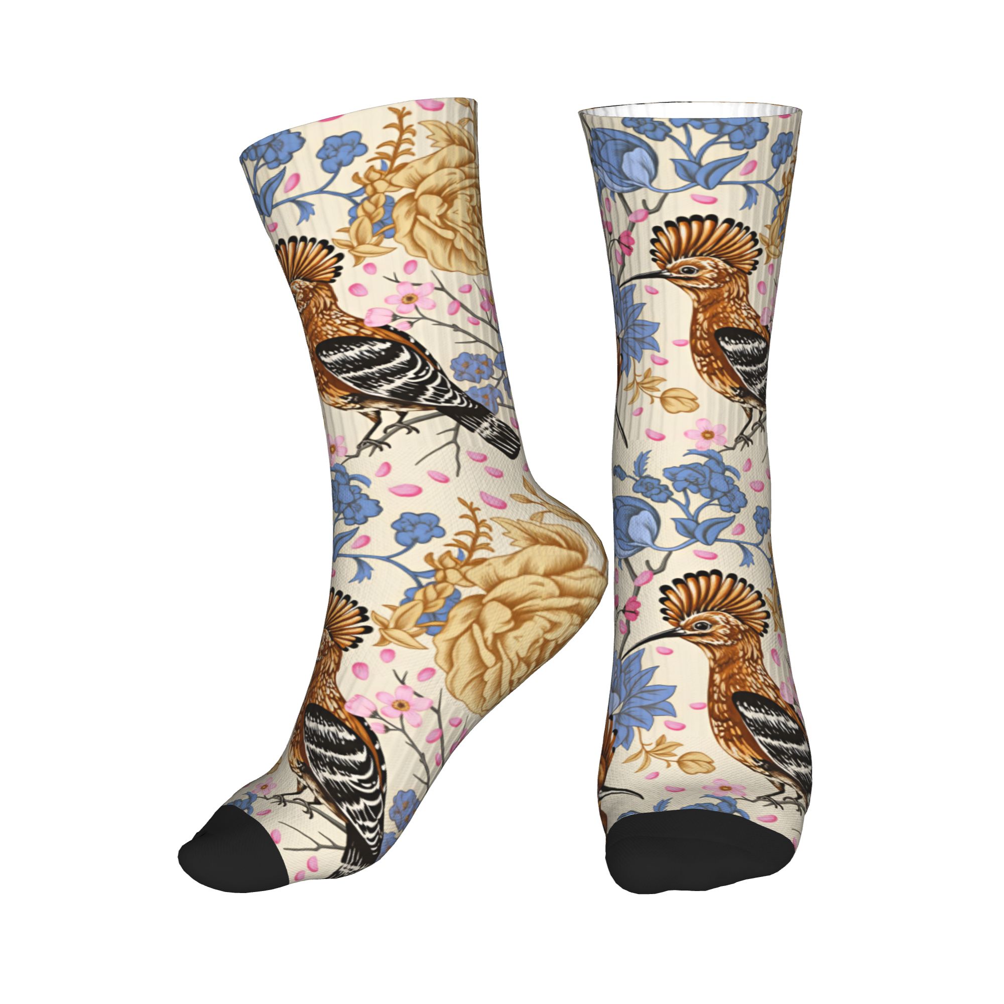 Vintage Fashion For Men - Hoopoe Bird Blue Peony ถุงเท้าลายดอกไม้วินเทจ ถุงเท้าแฟชั่นสำหรับผู้ชายและผู้หญิง