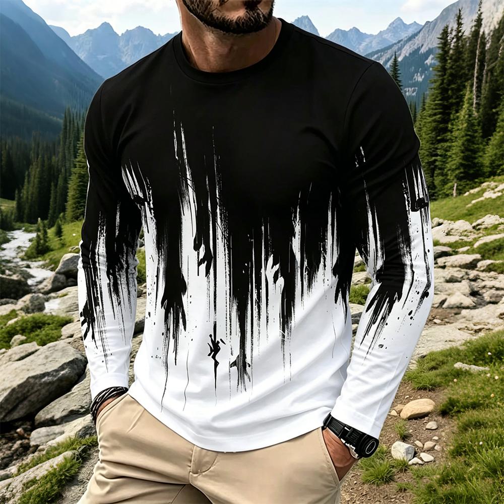 Vintage Fashion For Men - เสื้อยืดแขนยาวผู้ชายลายไล่เฉดสีสไตล์สตรีทแวร์ คอกลม แฟชั่นใหม่ ระบายอากาศได้ดี เสื้อพิมพ์ลายสำหรับใส่เป็นเสื้อตัวใน