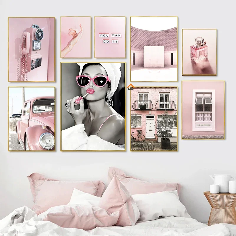 Vintage Fashion Wall Art - ภาพตกแต่งผนังลายโปสเตอร์โทรศัพท์รถยนต์วินเทจสีชมพูสำหรับผู้หญิง น้ำหอมหรูหรา ภาพศิลปะบนผ้าใบสำหรับตกแต่งห้องนั่งเล่นและห้องน้ำ